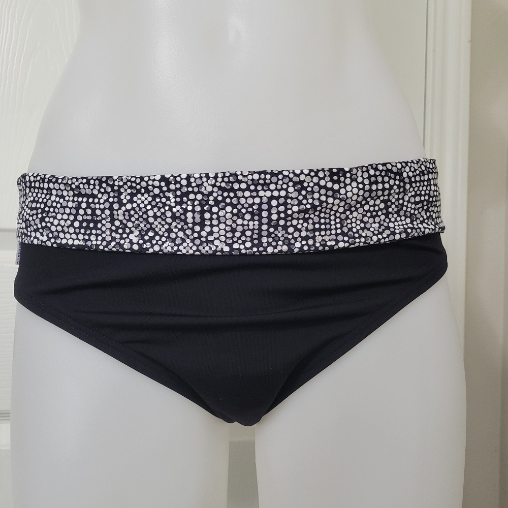Captiva Bikini Bottom M Black & Silver Polka Dot Foldover Waistband NWOT